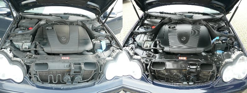 Vorher-Nachher: Motorraum vor und nach der Reinigung